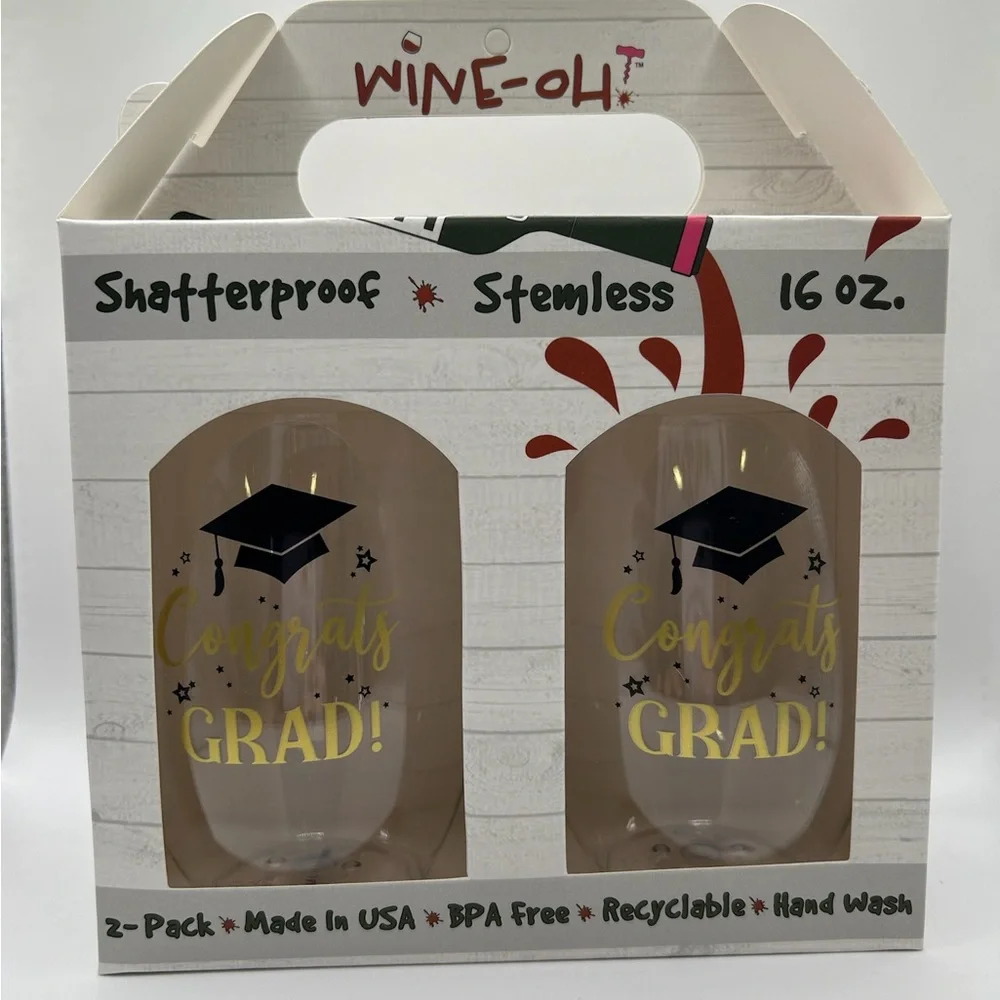 Congrats Grad Shatterproof Plastic Stemless Glasses - Gold and Black (set of 2)